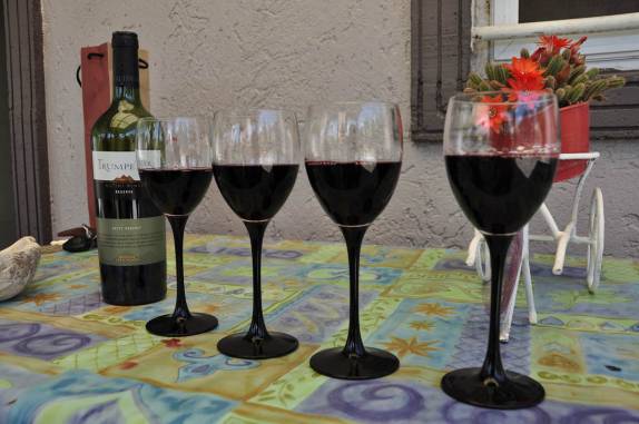 Asado argentino vem acompanhado de bom vinho! (em Villa Nueva, na Argentina)